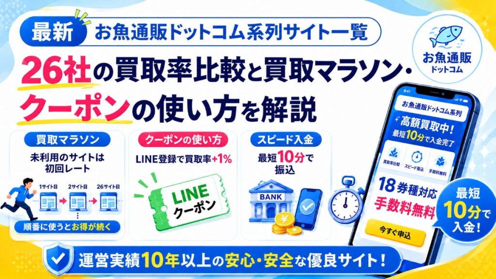 お魚通販ドットコム系列サイト一覧｜26社の買取率比較と買取マラソン・クーポンの使い方